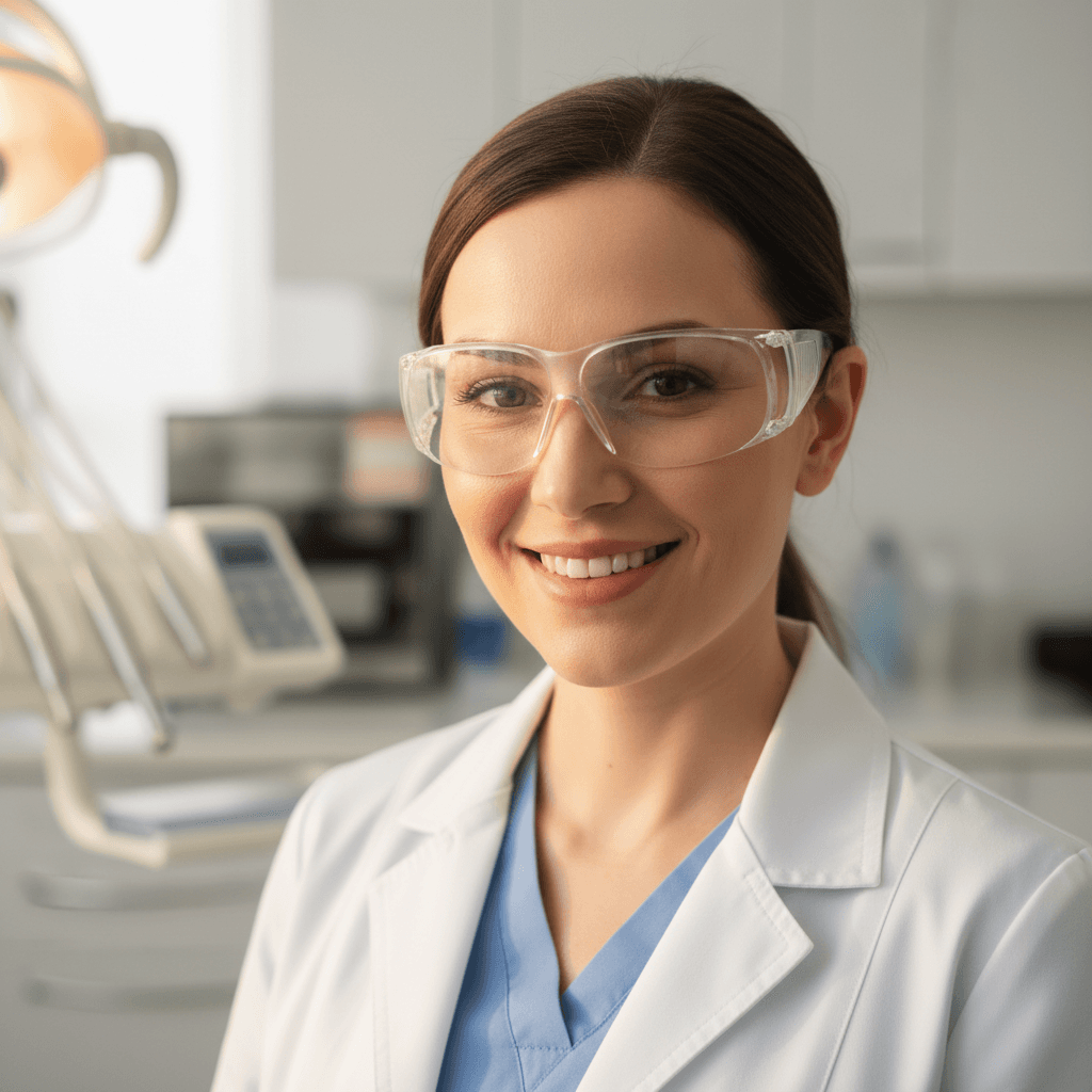 Female dentist smiling professionally in modern dental clinic