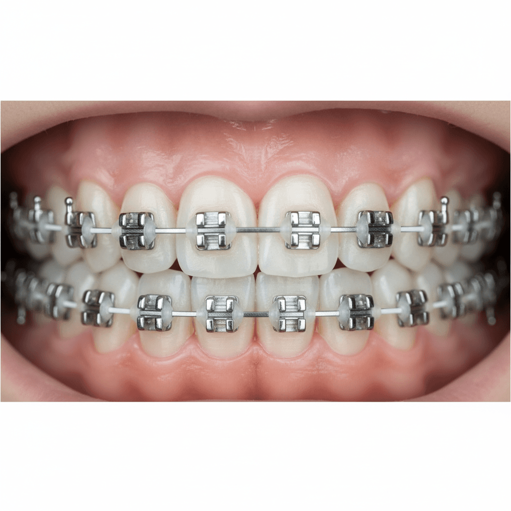 Modern orthodontic braces showing precise bracket placement and wire configuration