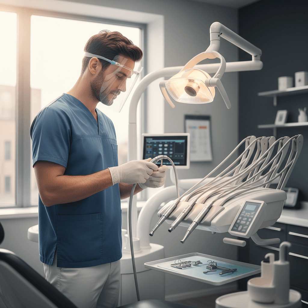 Male dentist preparing dental equipment in modern clinic