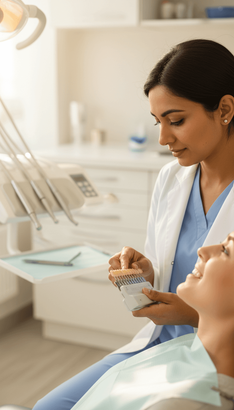 Dentist conducting a professional teeth consultation with shade guide